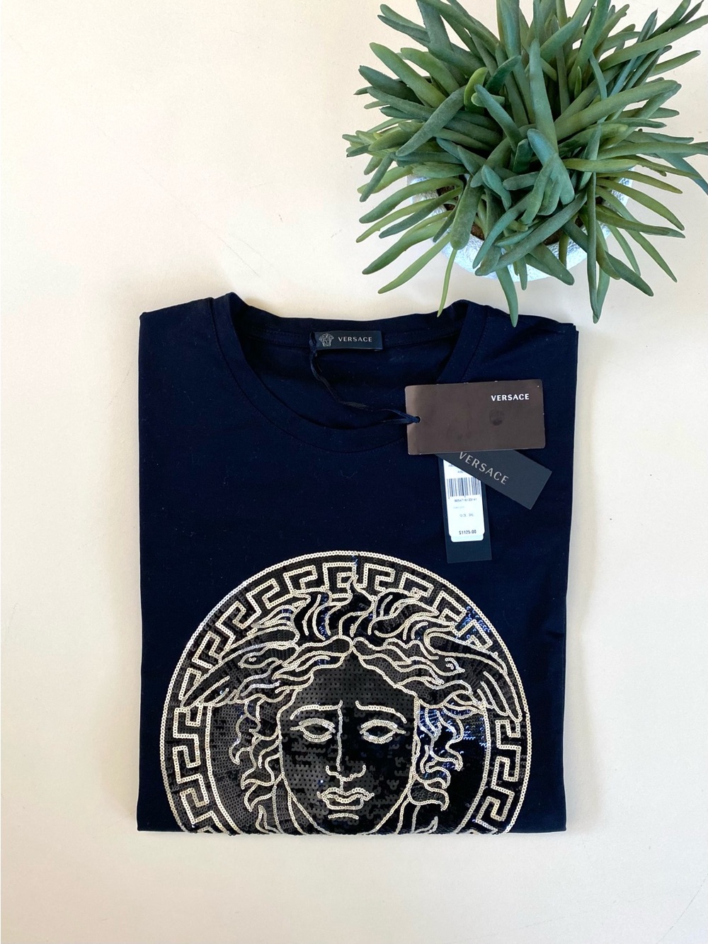 VERSACE - Black Tee with Sequin Gold Medusa